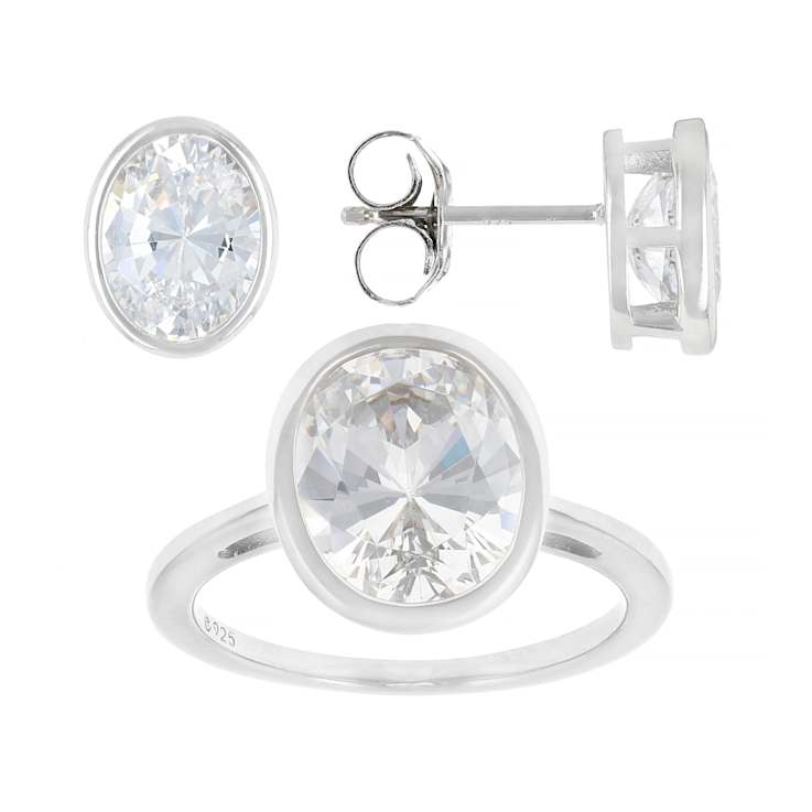 Bezel Set Oval CZ Ring And Earring Set In Platinum Over Sterling Silver