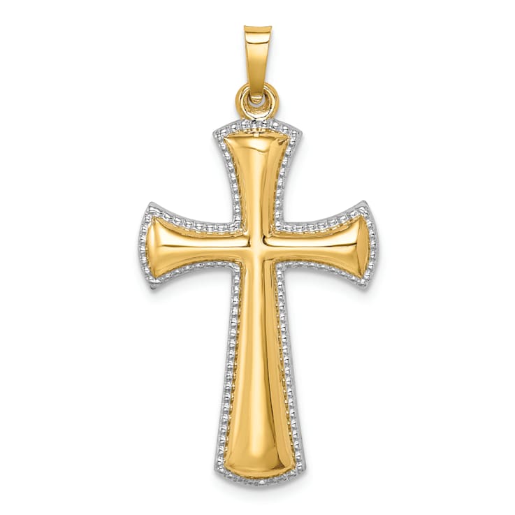 14k Yellow Gold and Rhodium Over 14k Yellow Gold Polished Beaded Edge
Cross Pendant