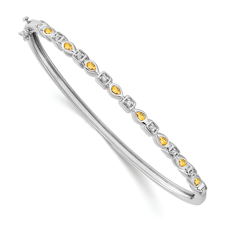 Rhodium Over 14k White Gold Citrine and Diamond Bangle