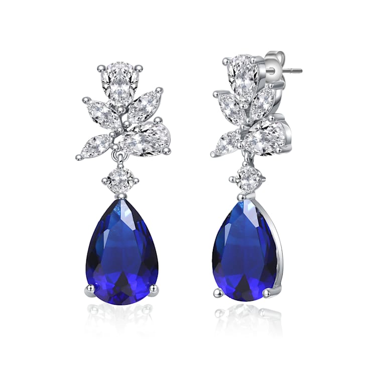 Sapphire Color CZ Teardrop Cluster Drop Earrings In White Gold Over Brass