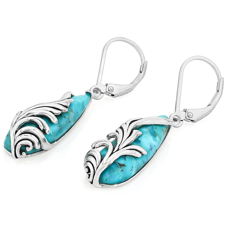 Blue Composite Turquoise Sterling Silver Feather Earrings 25x8mm
