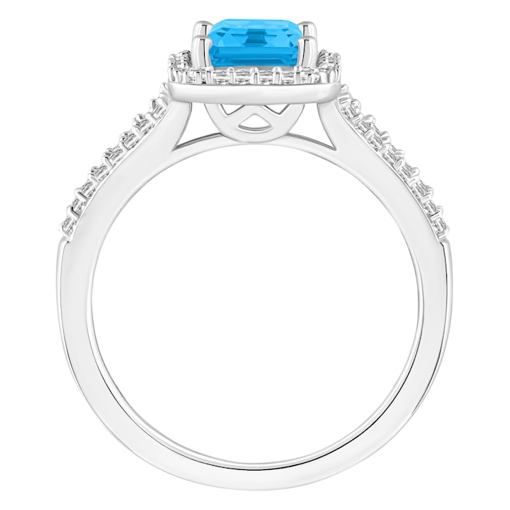 8x6mm Emerald Cut Blue Topaz 1/4 ctw Diamond Rhodium Over Sterling
Silver Halo Ring