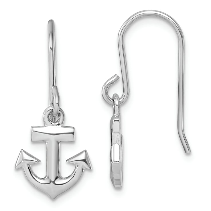 Rhodium Over Sterling Silver Polished Anchor Dangle Earrings