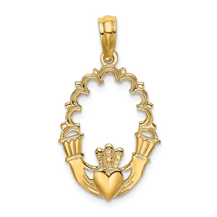 14k Yellow Gold Claddagh in Oval with Lace Trim Charm