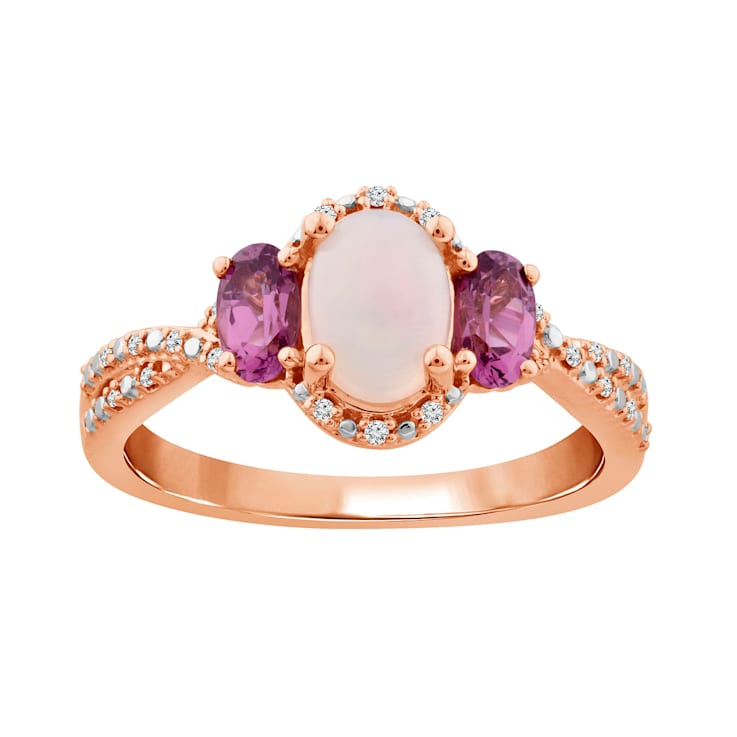Oval Ethiopian Opal and Pink Rhodolite with White Diamond 10K White Gold
3-Stone Ring 1.11ctw