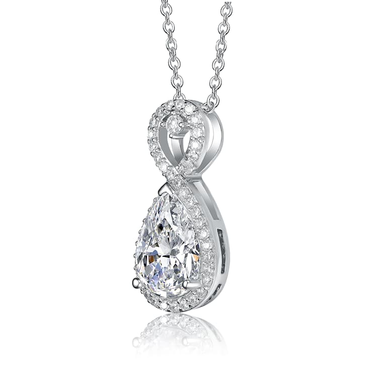 Pear Shape CZ Halo Pendant Necklace In Sterling Silver