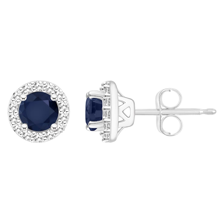 4mm Round Sapphire 1/8 ctw Diamond Rhodium Over Sterling Silver Halo
Stud Earrings