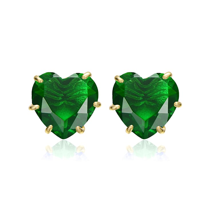 Heart-Shaped Emerald Color CZ Stud Earrings In 14K Gold Over Brass