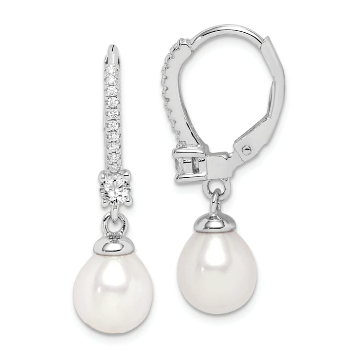 Rhodium Over Sterling Silver 7-8mm Freshwater Cultured Pearl and CZ
Leverback Dangle Earrings