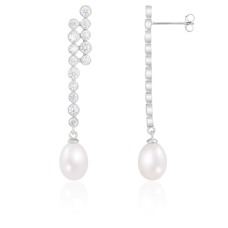 White Cultured Freshwater Pearl and Cubic Zirconia Rhodium Over Sterling
Silver 7-8mm Drop Earrings