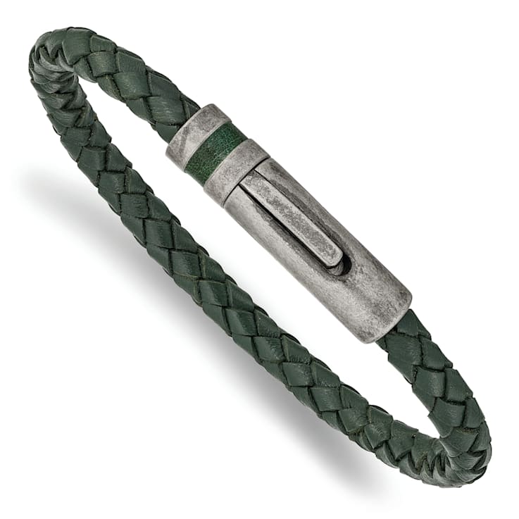 Green Leather and Stainless Steel Antiqued 8.25-inch Bracelet