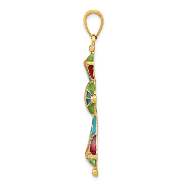 14k Yellow Gold Multi-Color Enamel Cross Pendant