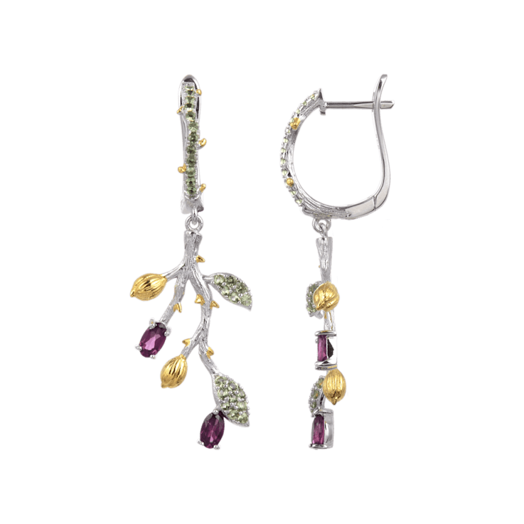 Rhodolite and Green Nanocrystal Rhodium Over Sterling Silver Leaf Earrings