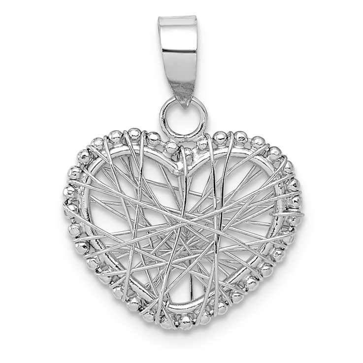 Rhodium Over 14k White Gold Textured Open Wire Heart Pendant