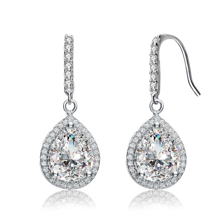 Pear Shape CZ Halo Drop Earrings In White Rhodium Over Brass