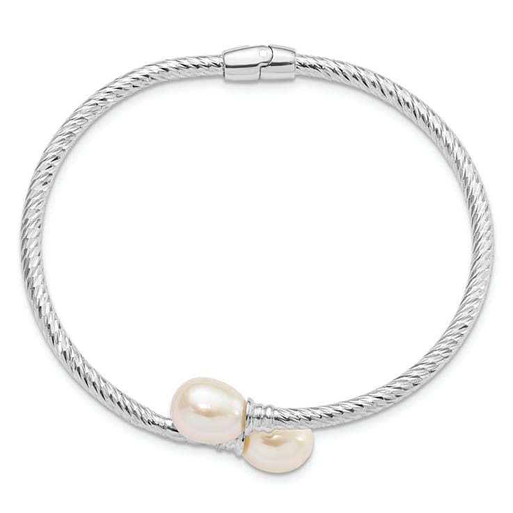 Rhodium Over Sterling Silver 8-9mm White Rice Freshwater Cultured Pearl
Hinged Bangle