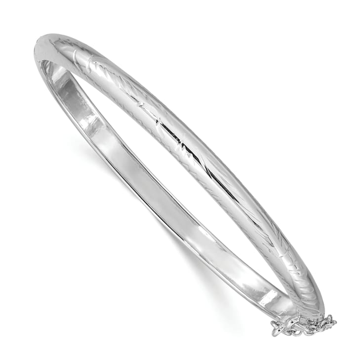 Rhodium Over Sterling Silver 5mm Diamond-cut Hinged Bangle Bracelet