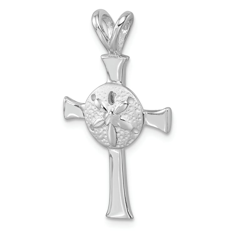 Rhodium Over Sterling Silver Polished and Brushed Sand Dollar Cross Pendant