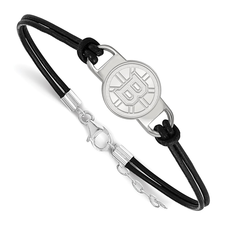 Rhodium Over Sterling Silver NHL LogoArt Boston Bruins Leather Bracelet