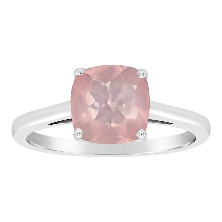 8mm Square Cushion Rose Quartz Rhodium Over Sterling Silver Ring