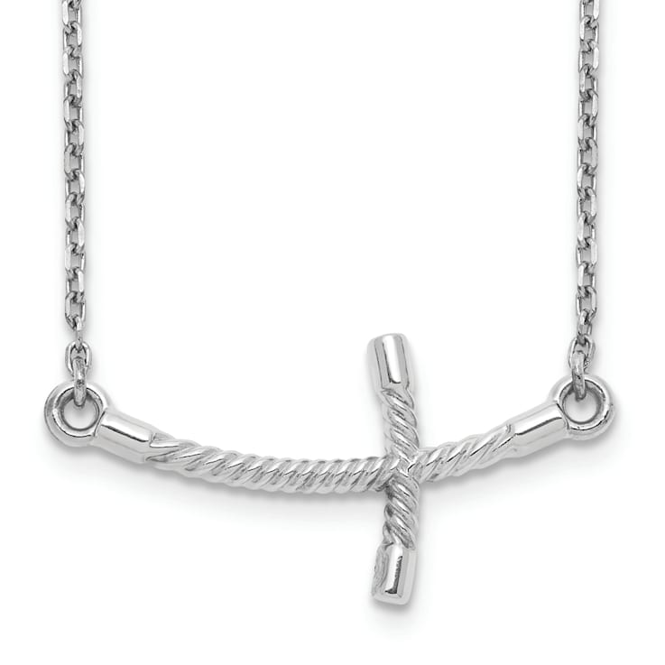 Rhodium Over 14K White Gold Large Sideways Curved Twist Cross Necklace