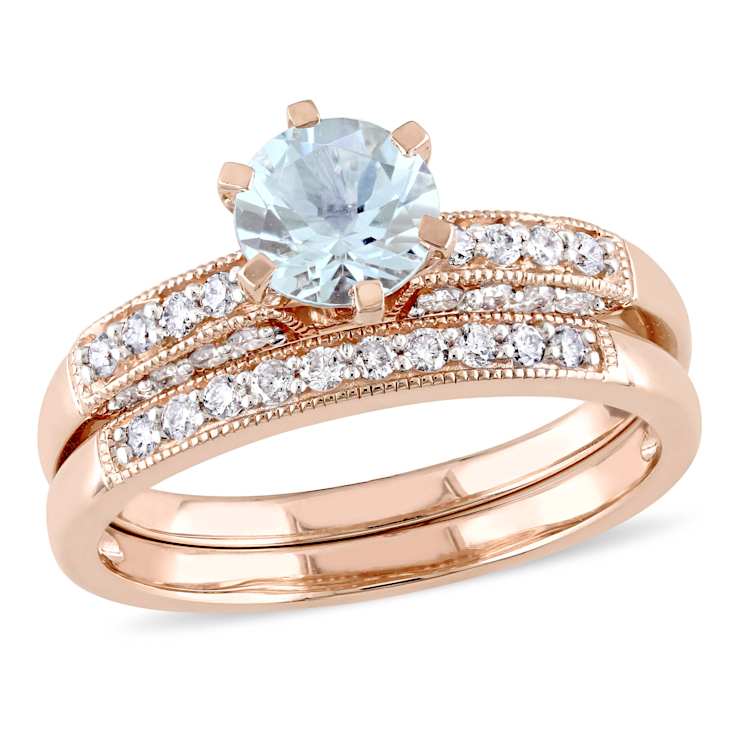 Aquamarine and Diamond 10K Rose Gold Bridal Ring Set 1.04ctw