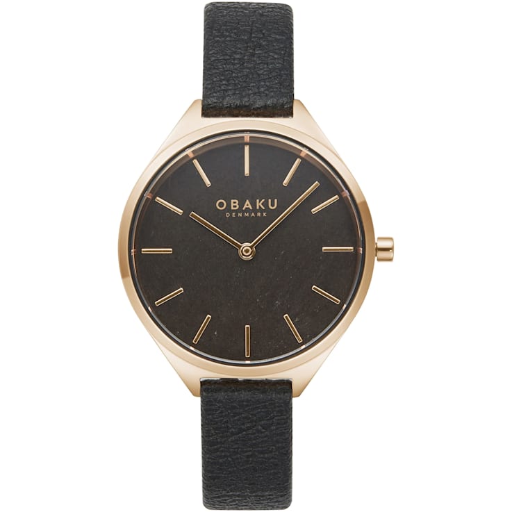 Obaku Women's Kaffe Black Dial with Yellow Accents Black Leather Strap Watch
