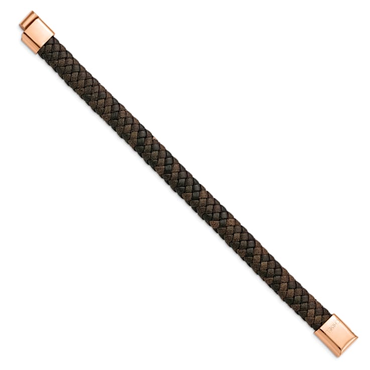 Brown Braided Leather and Stainless Steel Polished Rose IP Plated
8.5-inch Bracelet
