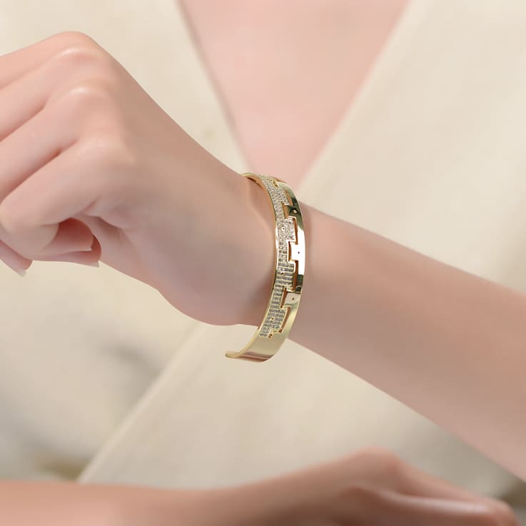Pave CZ Cuff Bracelet In 14K Gold Over Brass