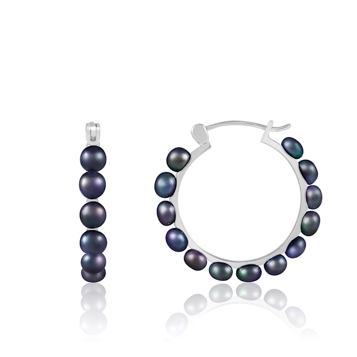 4-5mm Black Cultured Freshwater Pearl Rhodium Over Sterling Silver Earrings