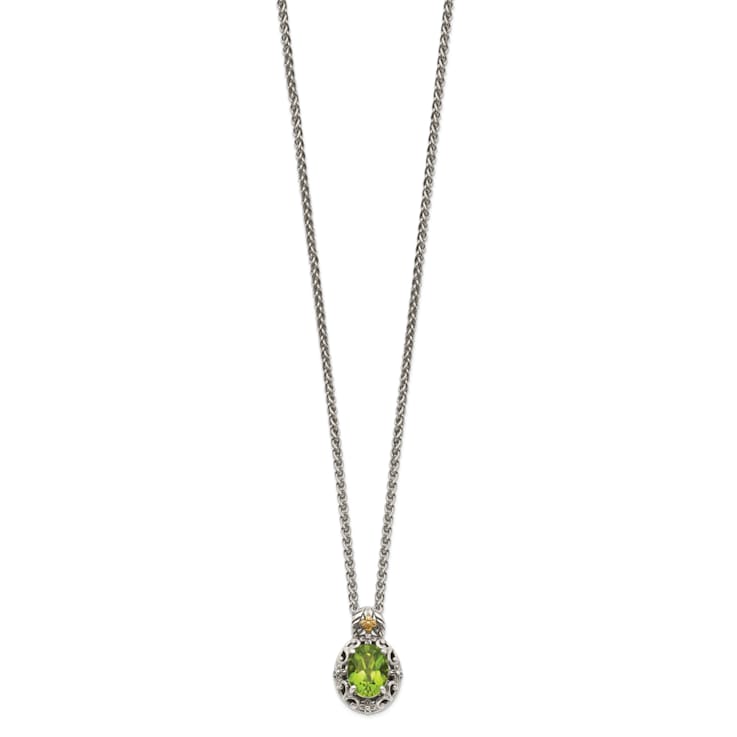 Sterling Silver Antiqued with 14K Accent Peridot Necklace