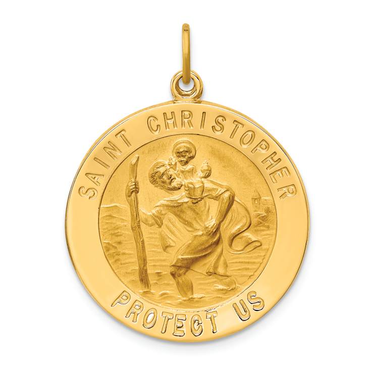 14k Yellow Gold Solid Polished and Satin Large Round Saint Christopher
Medal Pendant