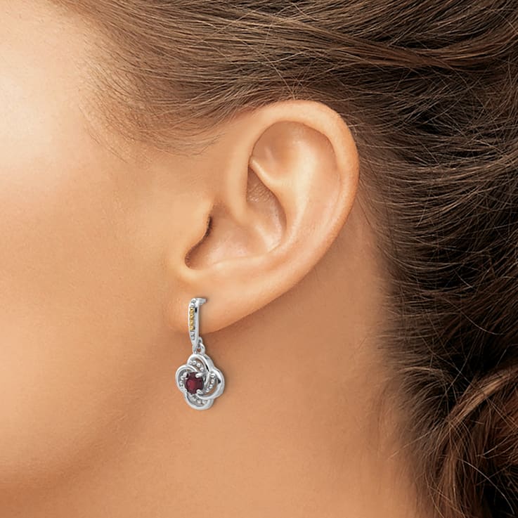 Sterling Silver Rhodium-plated with 14K Accent Garnet Dangle Post Earrings