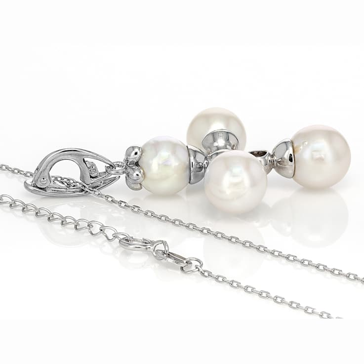 Akoya Pearl And White Sapphire Pendant In Sterling Silver 0.03ctw