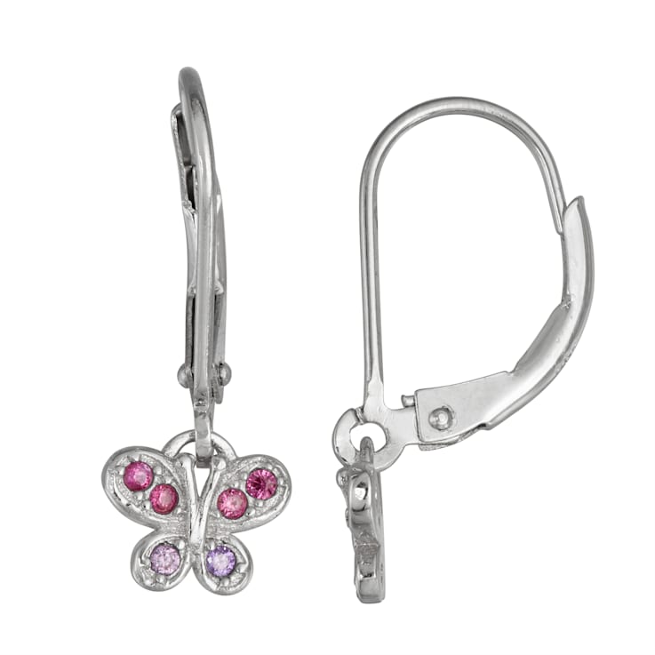 Lab Ruby And Purple Cubic Zirconia Rhodium Over Silver Children's
Butterfly Earrings 0.19ctw