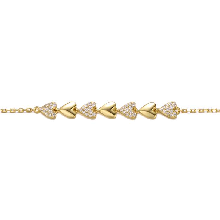 Pave CZ Heart Station Bracelet In 14K Gold Over Sterling Silver
