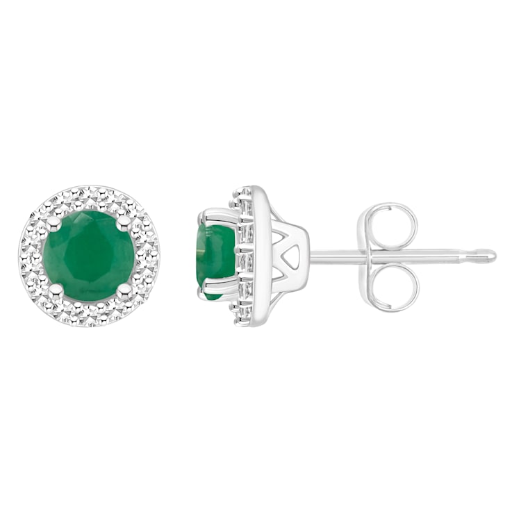 4mm Round Emerald 1/8 ctw Diamond Rhodium Over Sterling Silver Halo Stud Earrings
