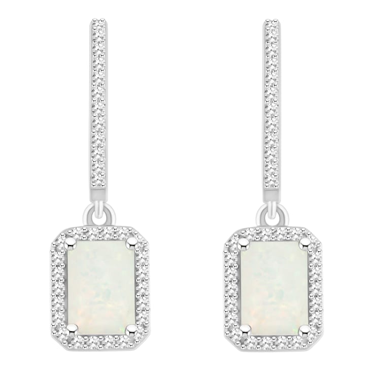 7x5mm Emerald Cut Opal 1/3 ctw Diamond Rhodium Over Sterling Silver Halo
Dangle Earrings