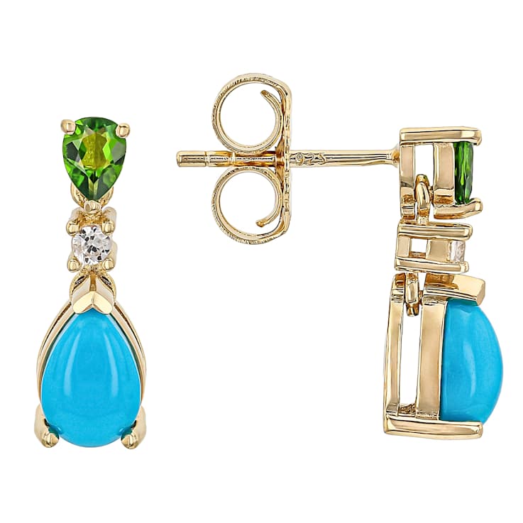 Turquoise Pear, Chrome Diopside And White Zircon Earrings In 18K Gold
Over Sterling Silver 0.29ctw