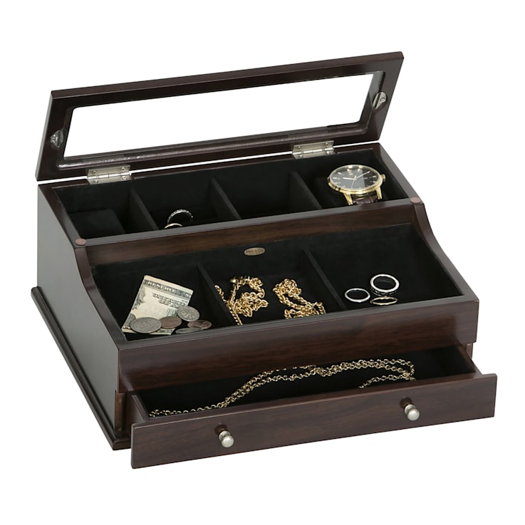 Mele and Co Hampden Men's Glass Top Wooden Dresser Top Valet