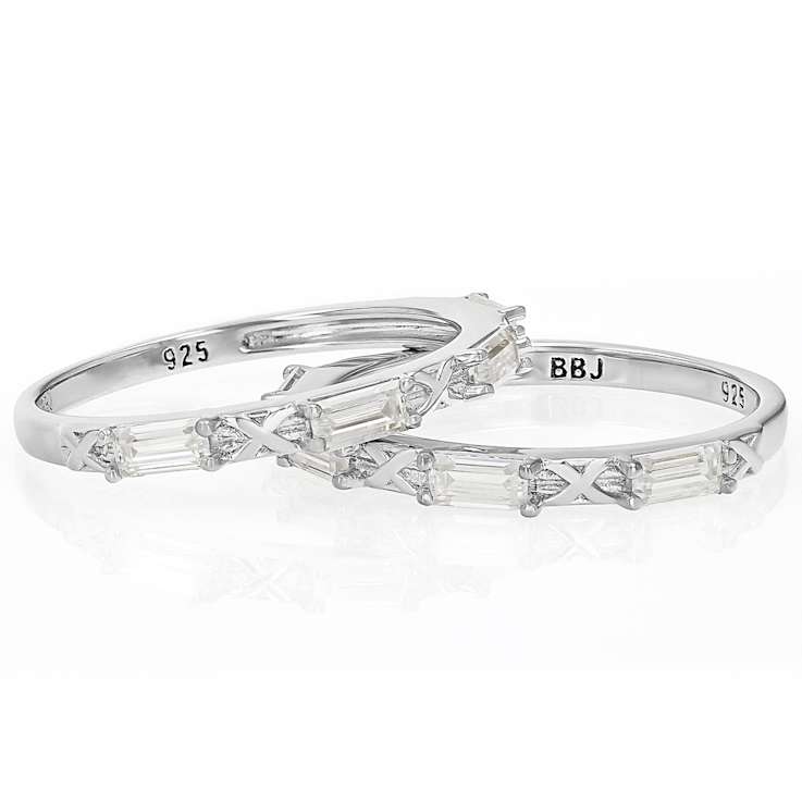Moissanite Baguette Stackable Ring Set Of 2 In Platinum-Enhanced
Sterling Silver 0.72ctw DEW