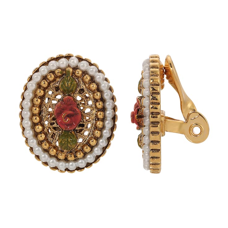 Gold Tone Faux Pearl Red Flower Oval Clip Earrings