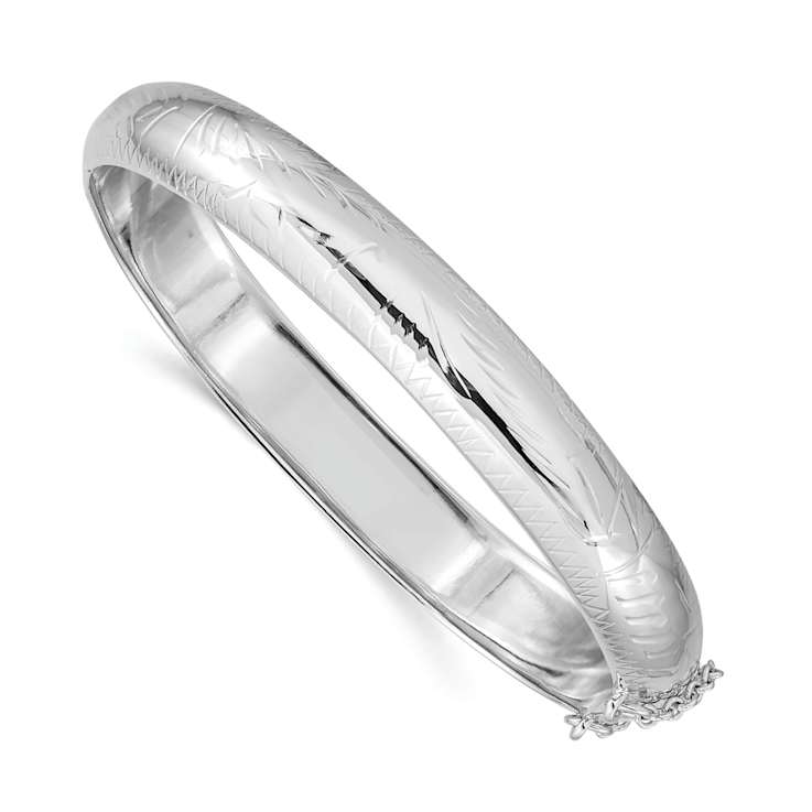 Rhodium Over Sterling Silver 9.5mm Diamond-cut Fancy Hinged Bangle Bracelet