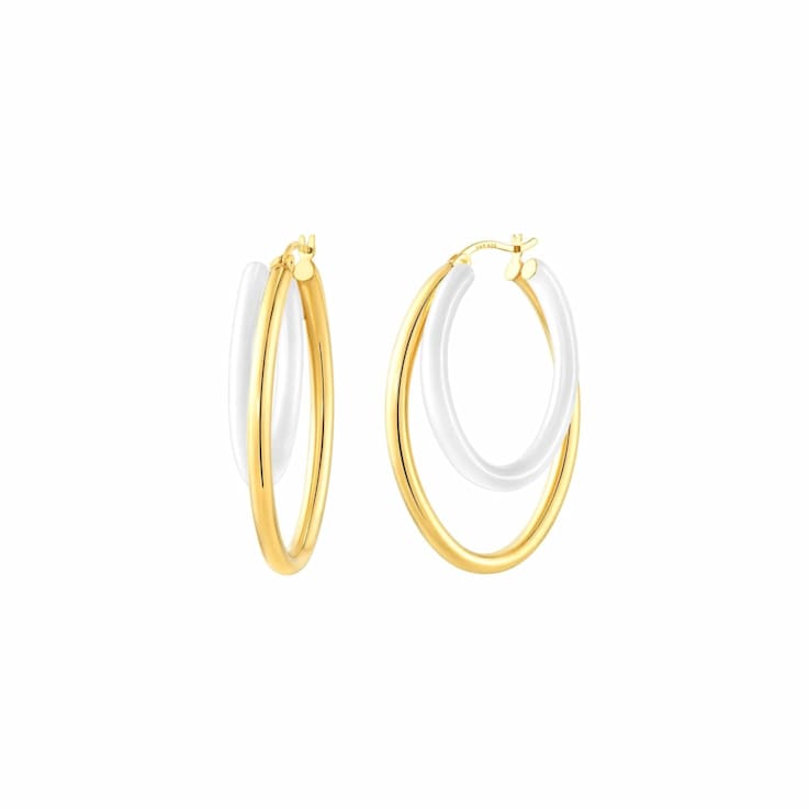 14K Gold Over Sterling Silver Double Oval Enamel Hoops in White
