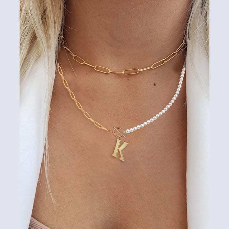 14K Gold Over Brass Initial Pearl Simulant Link Chain Necklace Letter K