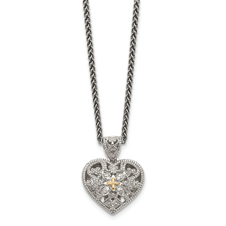 Sterling Silver Antiqued with 14K Accent Diamond Vintage Heart Necklace