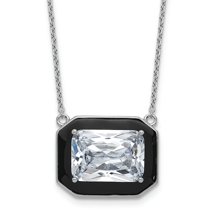 Rhodium Over Sterling Silver Polished Black Enamel and Cubic Zirconia Necklace
