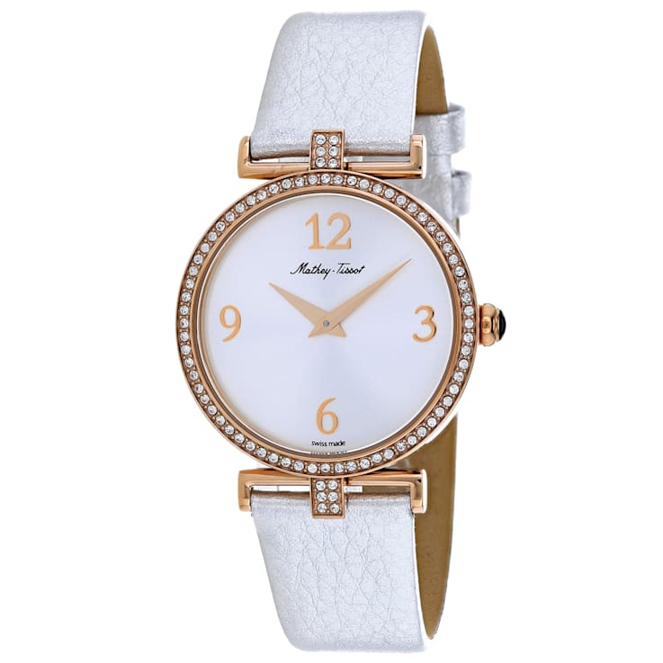 Mathey Tissot Women's Gaia White Dial, Rose Bezel, Metallic Silver
Leather Strap Watch