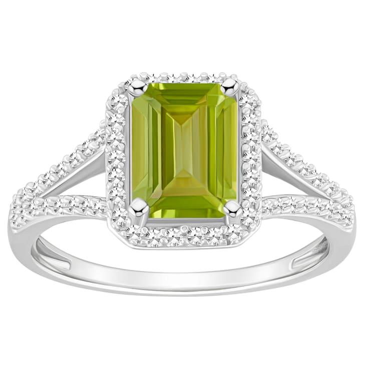 8x6mm Emerald Cut Peridot 1/4 ctw Diamond Rhodium Over Sterling Silver
Halo Ring
