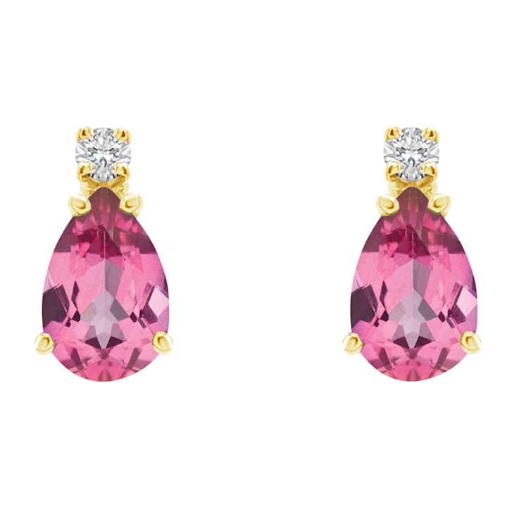 6x4mm Pear Shape Pink Topaz with Diamond Accents 14k Yellow Gold Stud Earrings